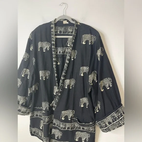 Vintage Boho Mudcloth Robe Poncho Kimono Safari Zebra Black Heavyweight Cotton L - Picture 2 of 8